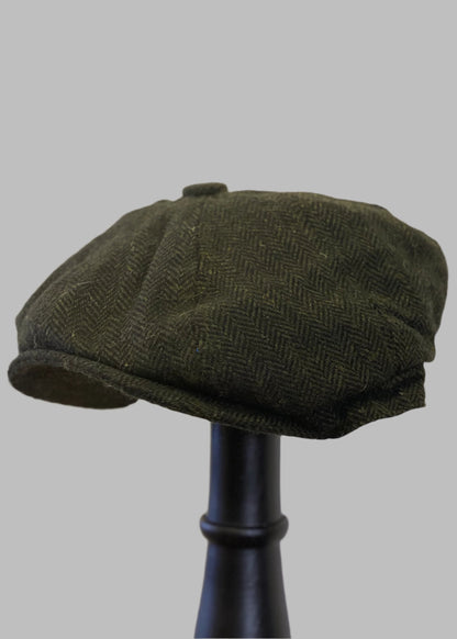 Dark Green Herringbone Baker Boy Cap for men's. Fashion inspired by Peaky Blinders and David Beckham