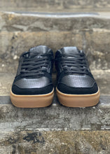 Load image into Gallery viewer, Casual Black trainers with brown sole. Comfortable footwear to wear with jeans, chinos or shorts in any season.
