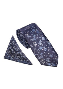 Blossom Floral Tie & Pocket Square Set Navy Blue