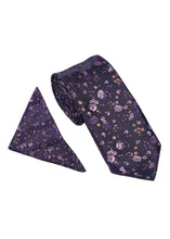 Load image into Gallery viewer, Blossom Floral Tie &amp; Pocket Square Set Navy Purple
