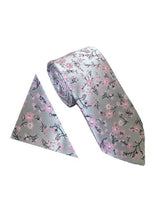 Load image into Gallery viewer, Blossom Floral Tie &amp; Pocket Square Set Silver Pink

