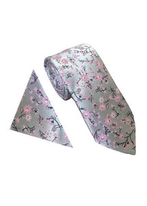 Blossom Floral Tie & Pocket Square Set Silver Pink