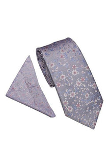 Blossom Floral Tie & Pocket Square Set Silver Blue