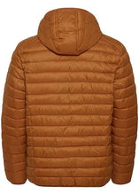 Load image into Gallery viewer, Back view of the caramel puffa hooded jacket.

