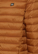 Load image into Gallery viewer, Close up of detailing on caramel puffa hooded jacket, showing branding and insulated layering.
