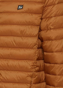 Close up of detailing on caramel puffa hooded jacket, showing branding and insulated layering.