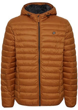 Load image into Gallery viewer, Image of front view of caramel puffa hooded jacket showing off insulation and colour.
