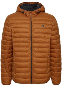 Image of front view of caramel puffa hooded jacket showing off insulation and colour.