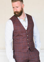 Load image into Gallery viewer, Cavani Carly Wine Tweed Waistcoat worn with a Suave Owl white shirt and matching wine tweed trousers
