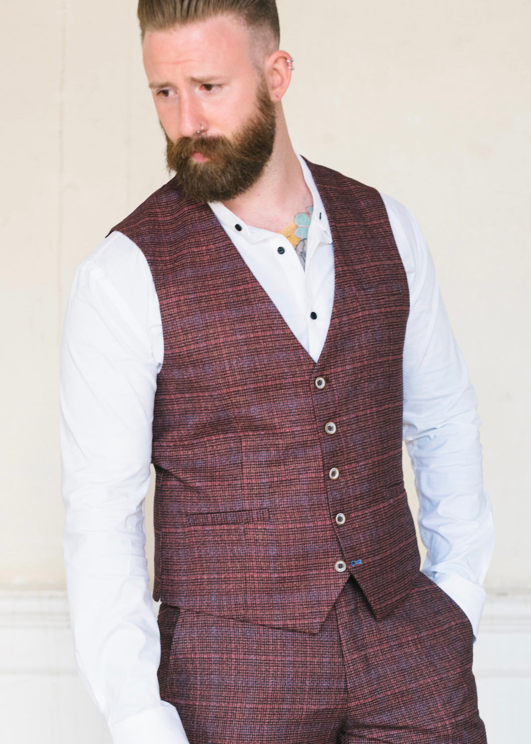 Cavani Carly Wine Tweed Waistcoat worn with a Suave Owl white shirt and matching wine tweed trousers