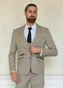 Cavani Elwood Houndstooth Checked Jacket with matching waistcoat and trousers completing the 3 piece suit. Worn with Suave Owl white shirt and dark tie