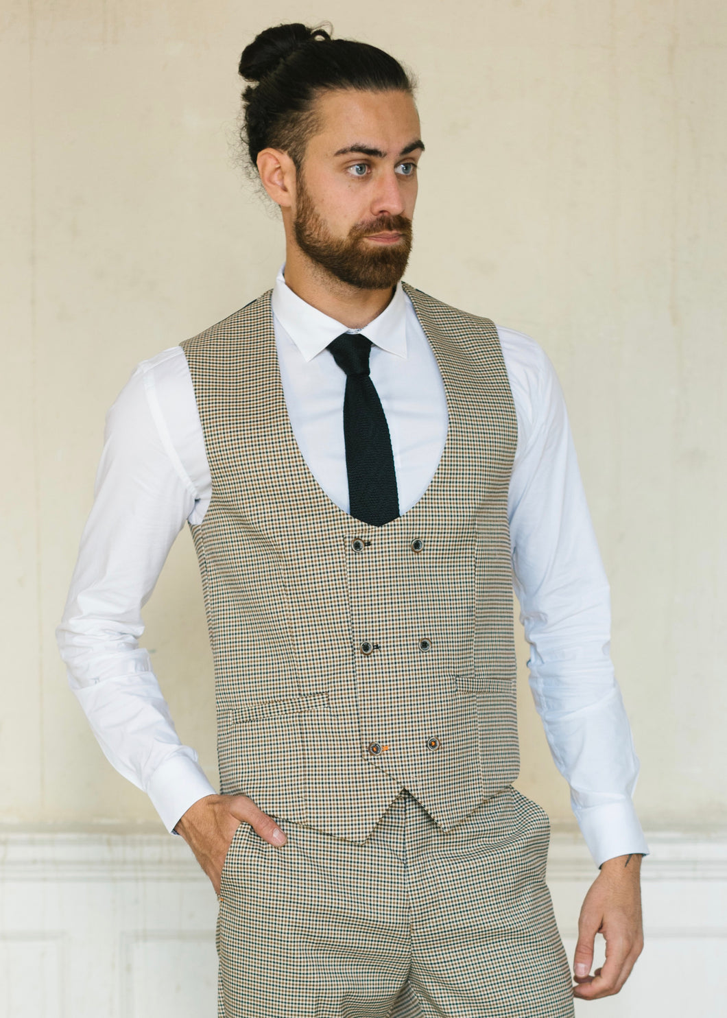 Cavani Elwood Houndstooth Checked Waistcoat worn with matching trousers, knit tie and white shirt