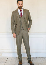 Load image into Gallery viewer, Cavani Gaston Sage Tweed Jacket, Waistcoat and trousers completing the 3 piece collection. Worn with brown shoes and a wine red tie
