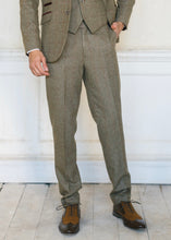 Load image into Gallery viewer, Cavani Gaston Sage Tweed Trousers modelled with brown shoes. Great menswear outfit choice for formal occasions, race days or smart business attire
