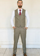 Load image into Gallery viewer, Cavani Gaston Sage Tweed 2-Piece Suit completed with red wine tie and brown shoes. Smart look ideal for a wedding.
