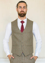 Load image into Gallery viewer, Cavani Gaston Sage Tweed Waistcoat worn with a crisp white shirt and a red wine tie
