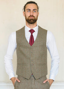 Cavani Gaston Sage Tweed Waistcoat worn with a crisp white shirt and a red wine tie