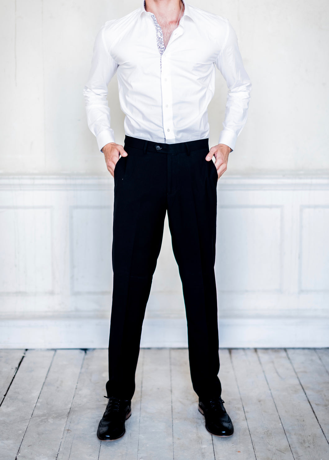 Cavani Marco Black Trousers worn with a crisp white shirt