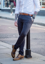Load image into Gallery viewer, Chino Stretch Navy. Smart look when styled with a pair of brown shoes or with a pair of white trainers for a more informal casual look.
