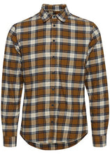 Load image into Gallery viewer, Image displaying front view of caramel and navy check shirt.
