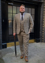 Load image into Gallery viewer, Marc Darcy Enzo Checked Jacket worn here with matching waistcoat and trousers. Also styled with a white shirt, black tie and tan brogues. Finished off with a classic gentleman&#39;s umbrella
