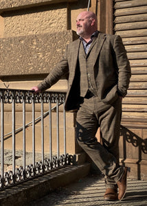 Cavani Albert Brown Tweed Jacket and matching waistcoat and trousers with a white shirt for a formal occasion inspired by Peaky Blinders
