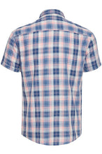 Load image into Gallery viewer, Back of lumberjack shirt in blue and pale pink, accented with a lighter blue and white buttons.
