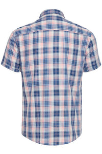 Back of lumberjack shirt in blue and pale pink, accented with a lighter blue and white buttons.
