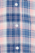 Load image into Gallery viewer, Close up on lumberjack shirt in blue and pale pink, accented with a lighter blue and white buttons. Picture shows check pattern and buttons in closer detail. 

