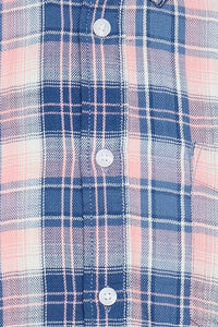 Close up on lumberjack shirt in blue and pale pink, accented with a lighter blue and white buttons. Picture shows check pattern and buttons in closer detail. 