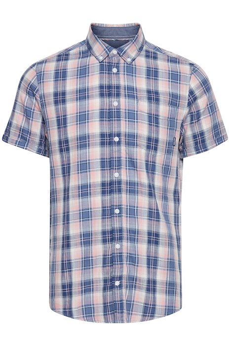 Lumberjack shirt in blue and pale pink, accented with a lighter blue and white buttons.