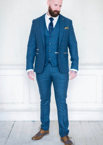Marc Darcy Dion Tweed 3-Piece Suit with brown brogues looking very smart for a wedding or another formal occasion.
