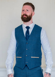 Marc Darcy Dion Tweed Waistcoat with navy tie and crisp white shirt. 