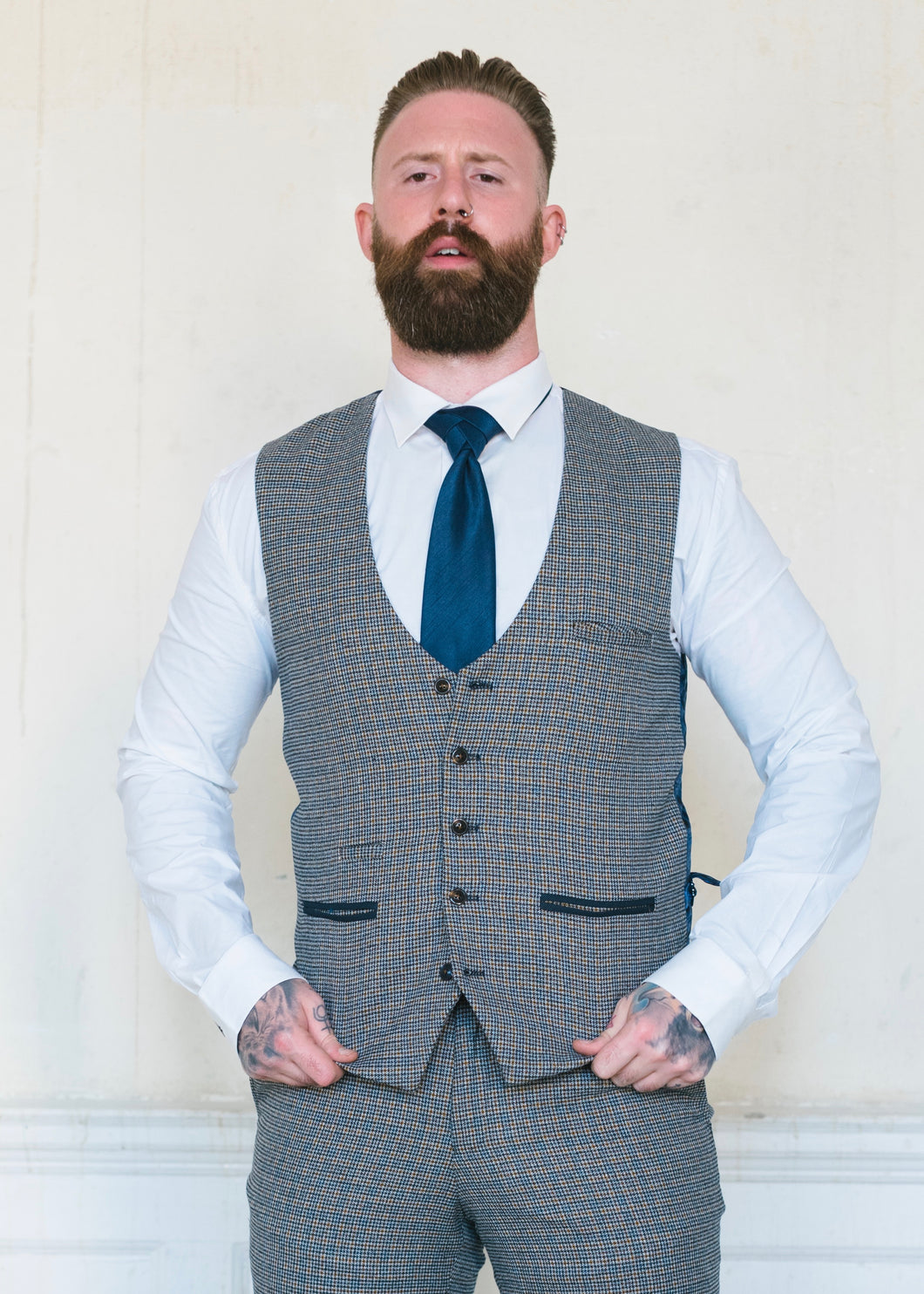 Marc Darcy Hardwick Checked Waistcoat with blue silk tie and white shirt