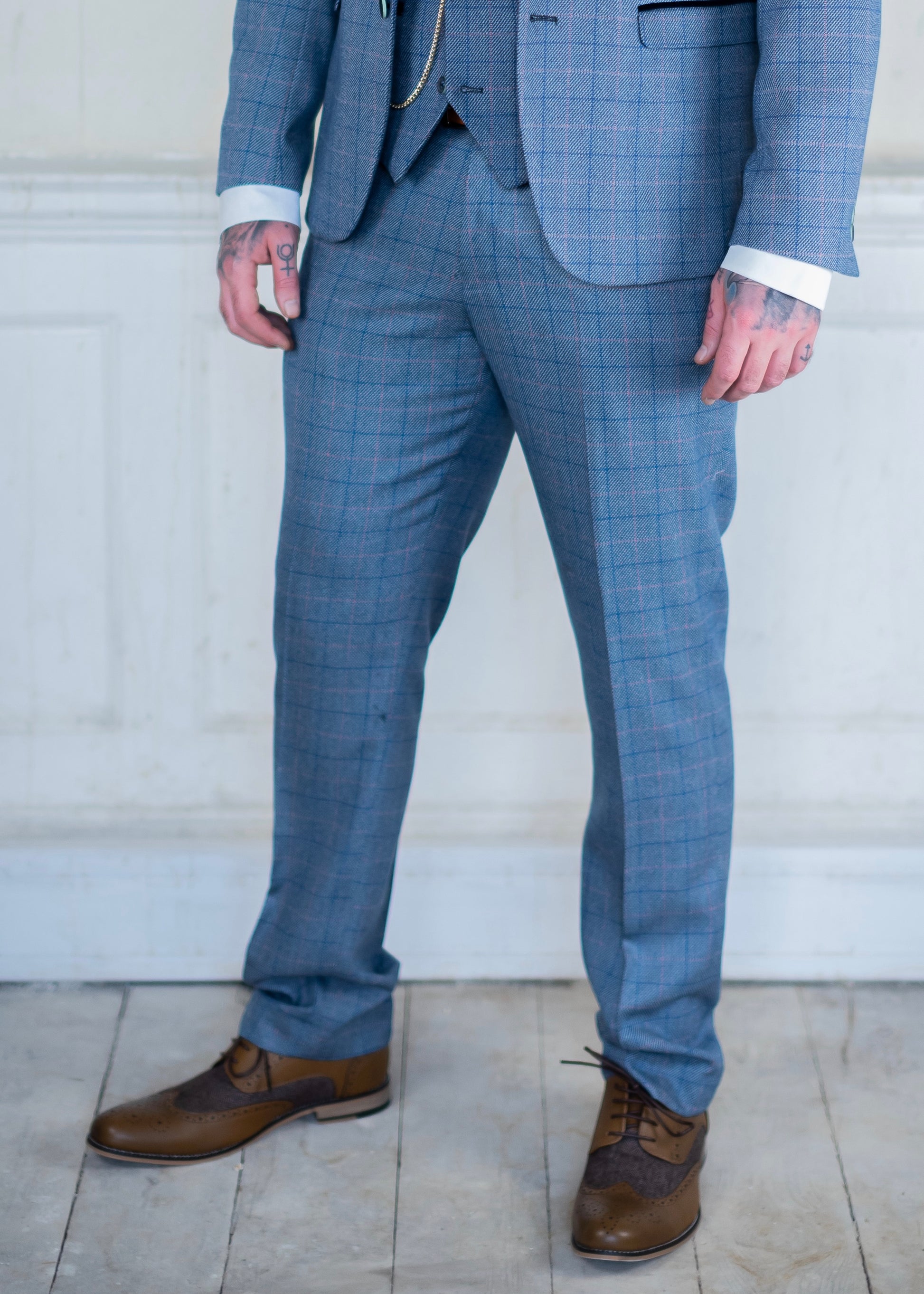 Marc Darcy Harry Tweed Trousers with brown shoes. Popular on-trend suit for any formal occasion or wedding