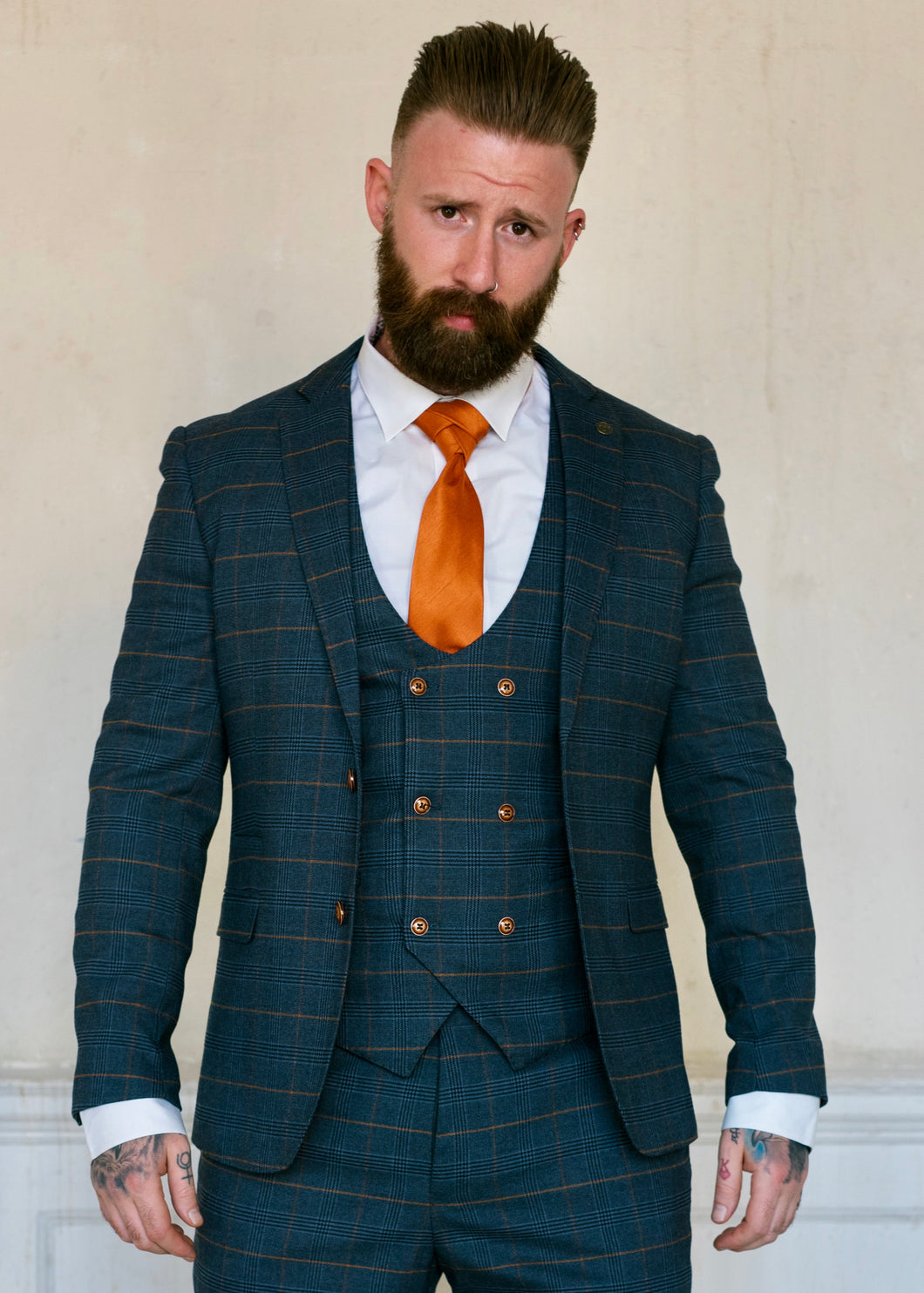 Marc Darcy Jenson Marine Checked Jacket & Waistcoat with a white shirt and Elredge knotted tie in orange colour