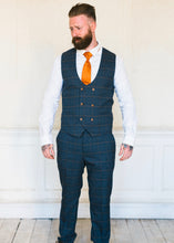 Load image into Gallery viewer, Marc Darcy Jenson Marine Checked 2-Piece Suit with crisp white shirt and orange tie in a Elredge know
