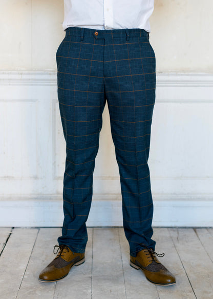 Marc Darcy Jenson Marine Checked Trousers with brown shoes