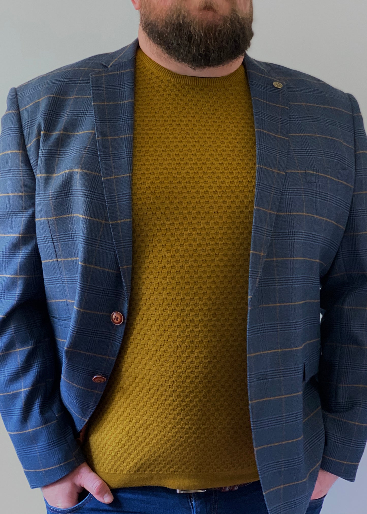 Marc Darcy Jenson Marine Checked Jacket with knitted mustard jumper