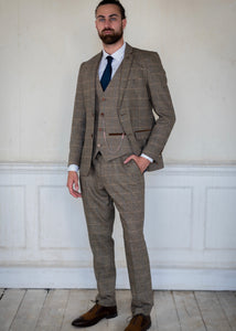 Marc Darcy Ted Tan Tweed 3-Piece Suit worn with brown shoes and a navy tie. A great combination for any suit or formal occasion.