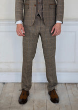 Load image into Gallery viewer, Marc Darcy Ted Tan Tweed Trousers worn with brown brogue style shoes
