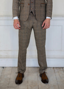Marc Darcy Ted Tan Tweed Trousers worn with brown brogue style shoes