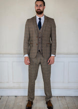 Load image into Gallery viewer, Marc Darcy Ted Tweed 3-Piece Suit with brown shoes and navy tie
