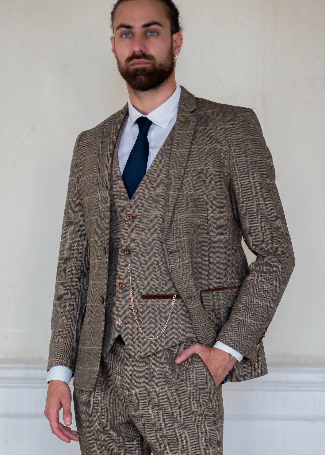 Marc Darcy Ted Tweed Jacket & Waistcoat complete with pocket watch and navy tie on a Suave Owl crisp white shirt