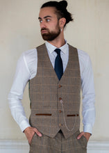 Load image into Gallery viewer, Marc Darcy Ted Tweed Single Breasted Waistcoat modelled by a male also wearing a white shirt, navy tie and a pocket watch

