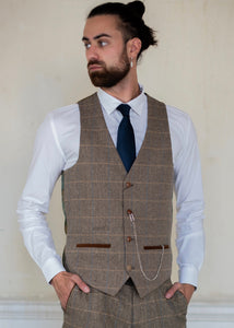 Marc Darcy Ted Tweed Single Breasted Waistcoat modelled by a male also wearing a white shirt, navy tie and a pocket watch