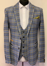 Load image into Gallery viewer, Marc Darcy Watson Blue Tweed Checked Jacket with matching waistcoat and gold pocket square. 
