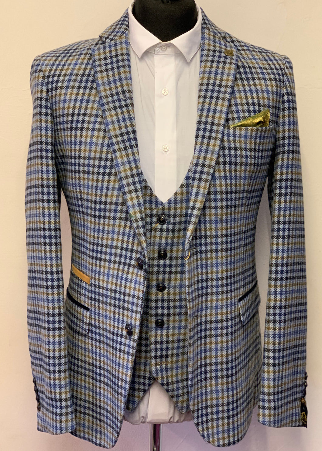 Marc Darcy Watson Blue Tweed Checked Jacket with matching waistcoat and gold pocket square. 