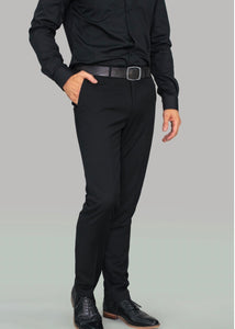 Model wearing black shirt with Cavani Marco Black Trousers.