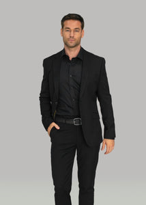 Model wearing Cavani Marco suit with all black styling.